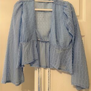 SHEIN Sky Blue Sheer Tie-Front Peplum Blouse